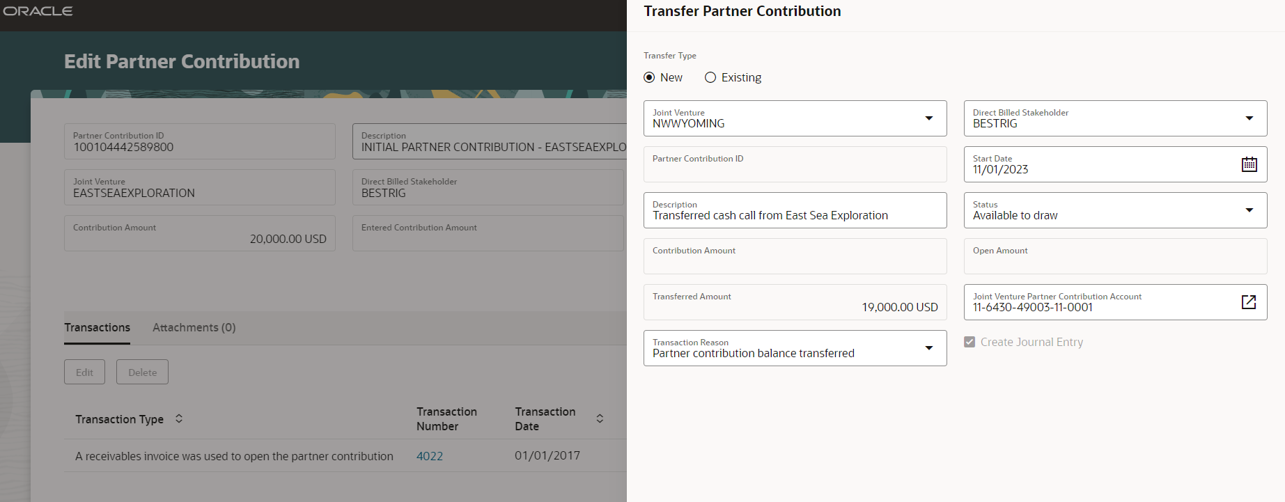 Transfer the remaining balance of a joint venture partner contribution to another partner contribution or use the remaining balance to create a new partner contribution.