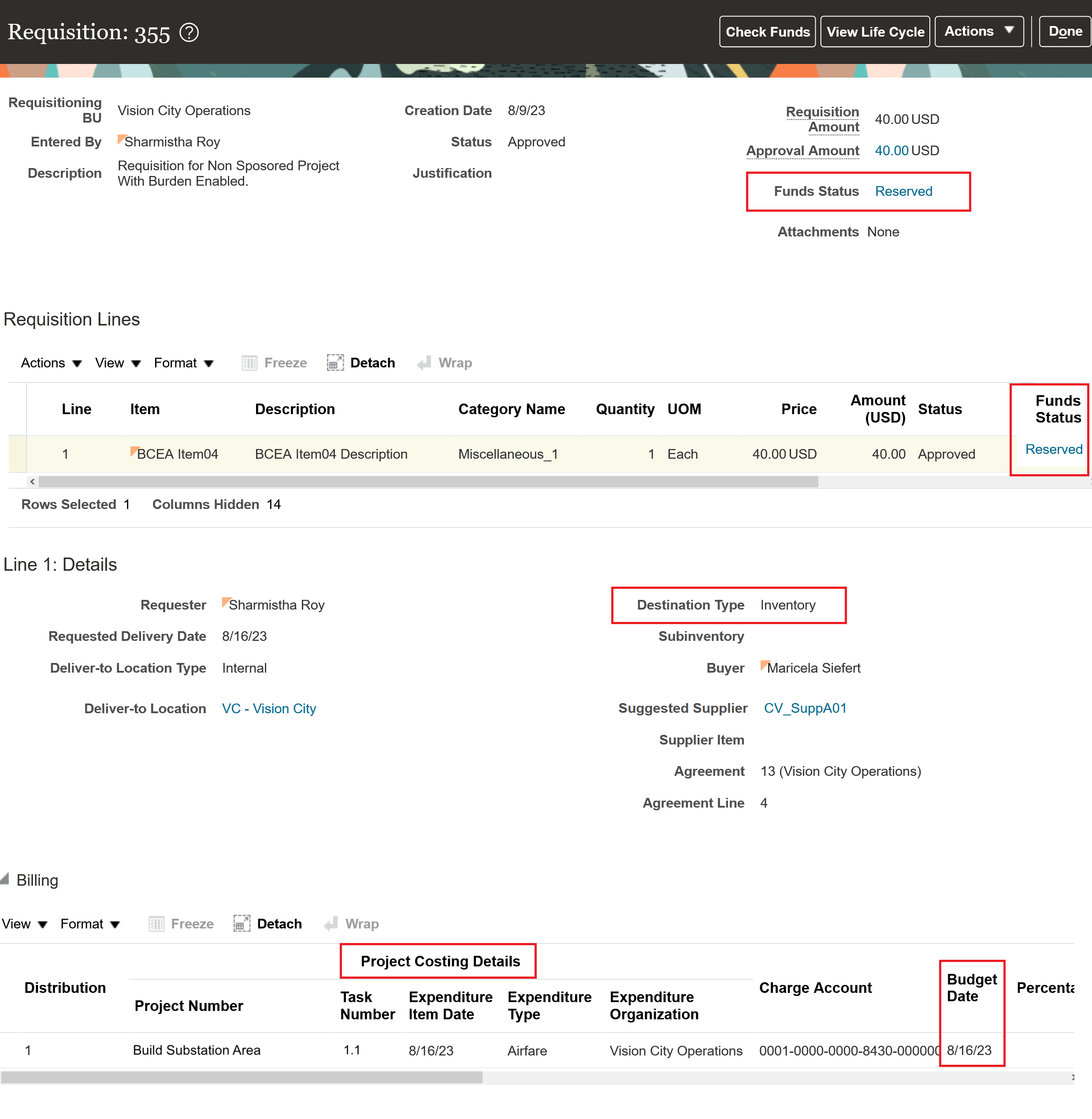 Requisition for Inventory Destination with Project Details