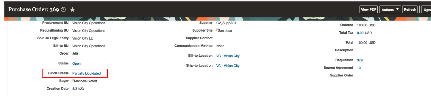 Purchase Order with Funds Status showing Partially Liquidated for a Partial PO Receipt imported into Project Costing