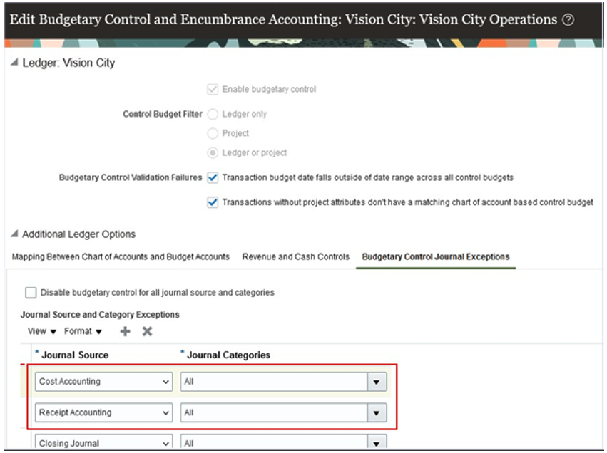 Journal Source and Category Exceptions for Cost Accounting and Receipt Accounting