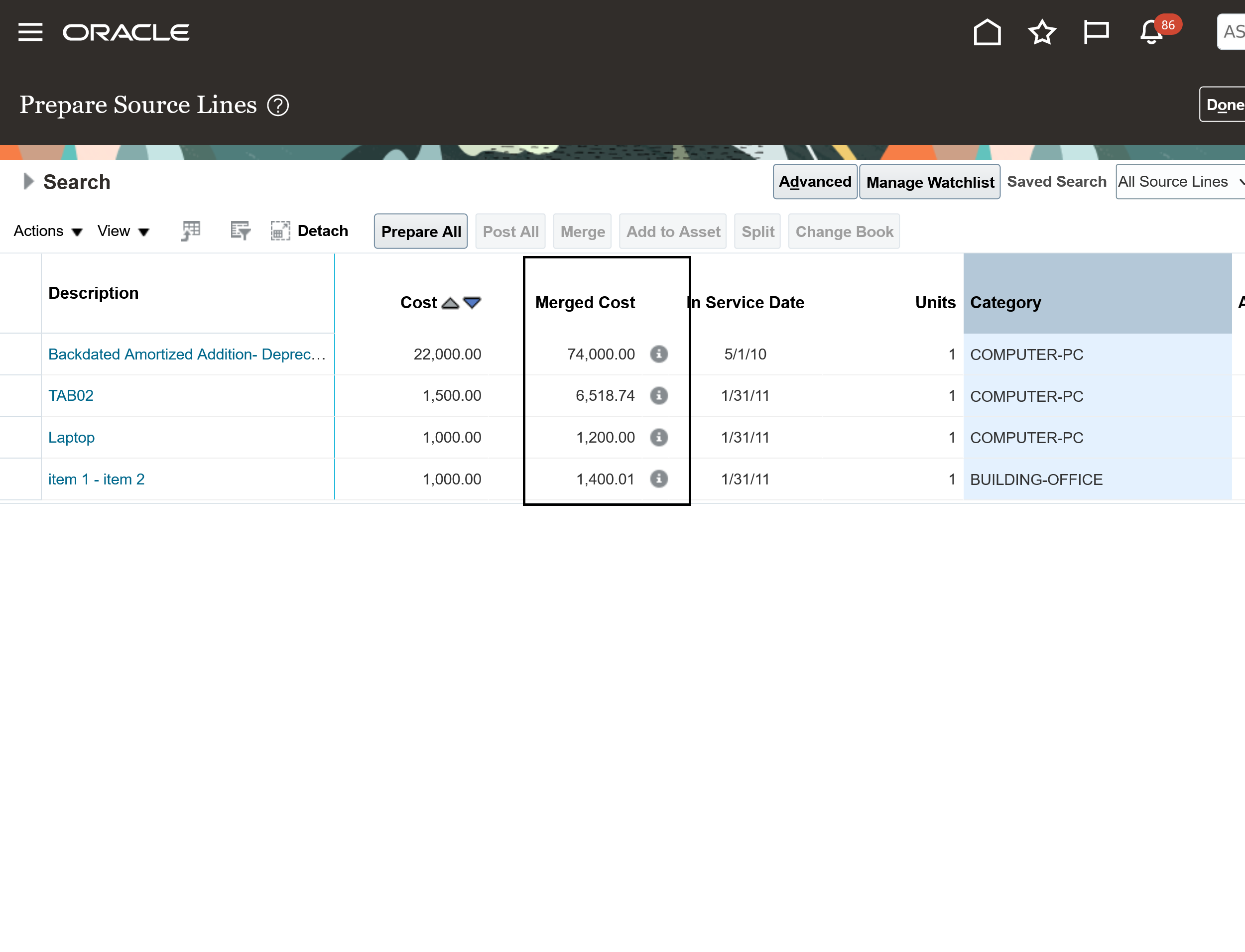 View of Merged Cost Column in Prepare Source Lines Page