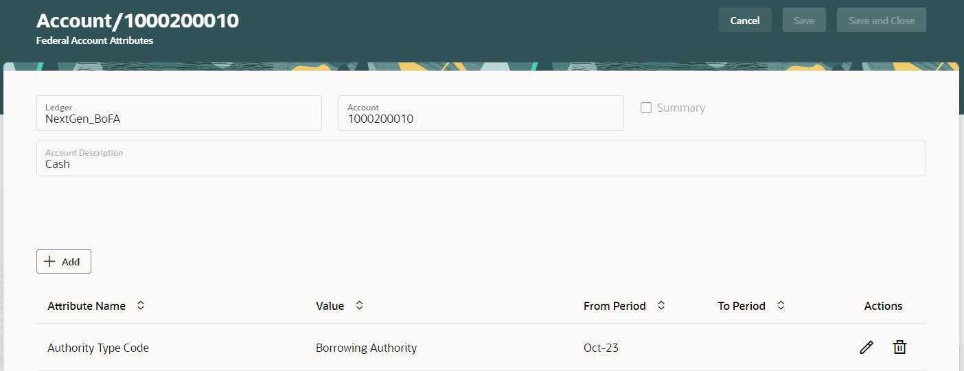 Federal Account Attributes page