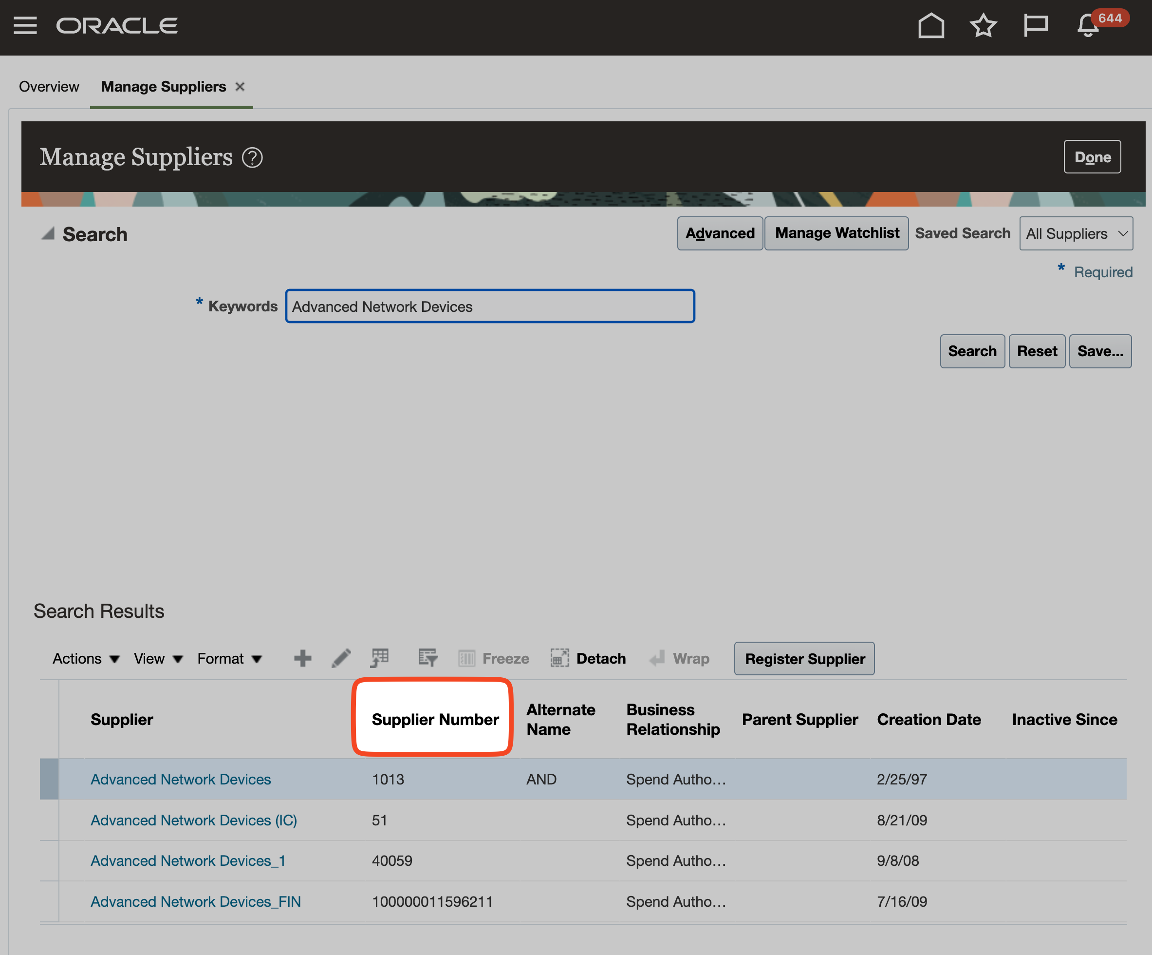 Manage Suppliers screen