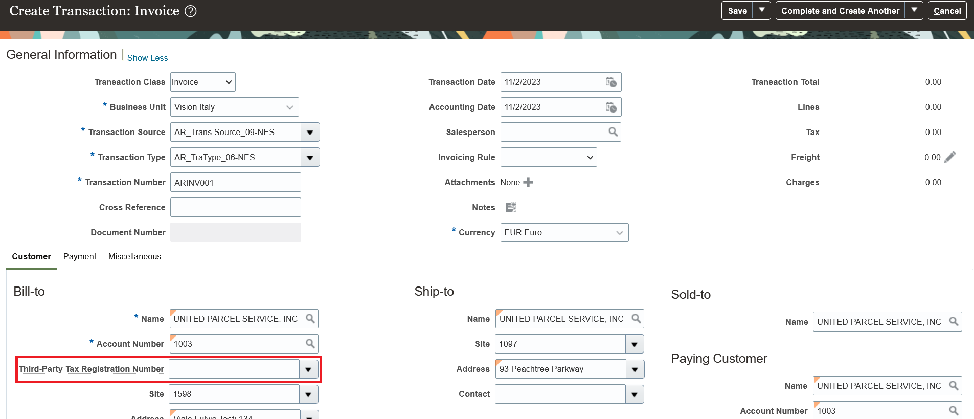  bill-to customer in the Create or Edit Transaction page