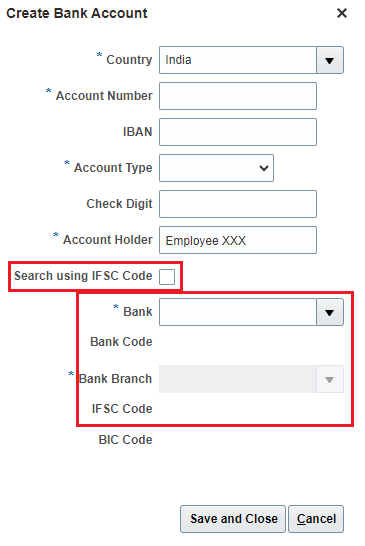 For other countries, this checkbox is unchecked and the default search will be based on bank and branch.