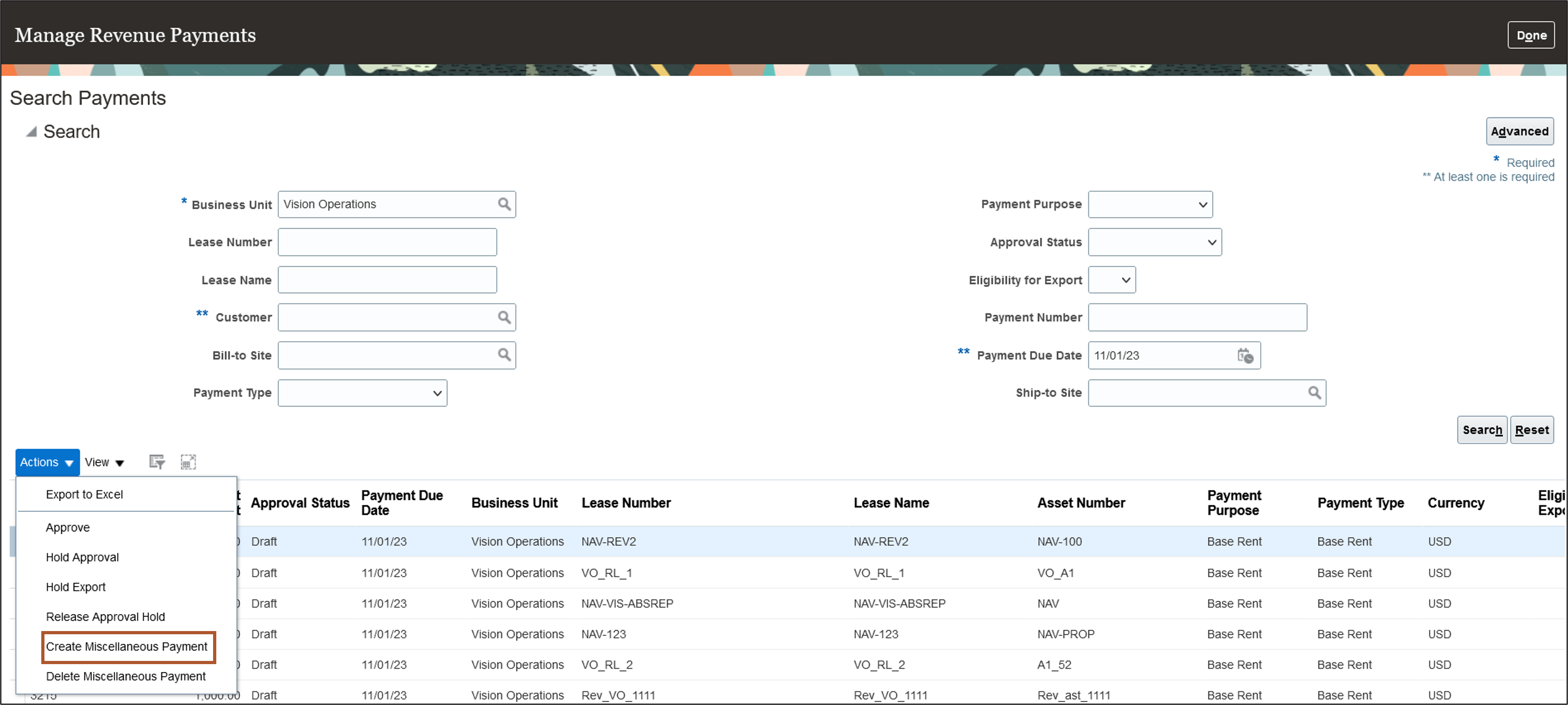 Manage Revenue Payments Page