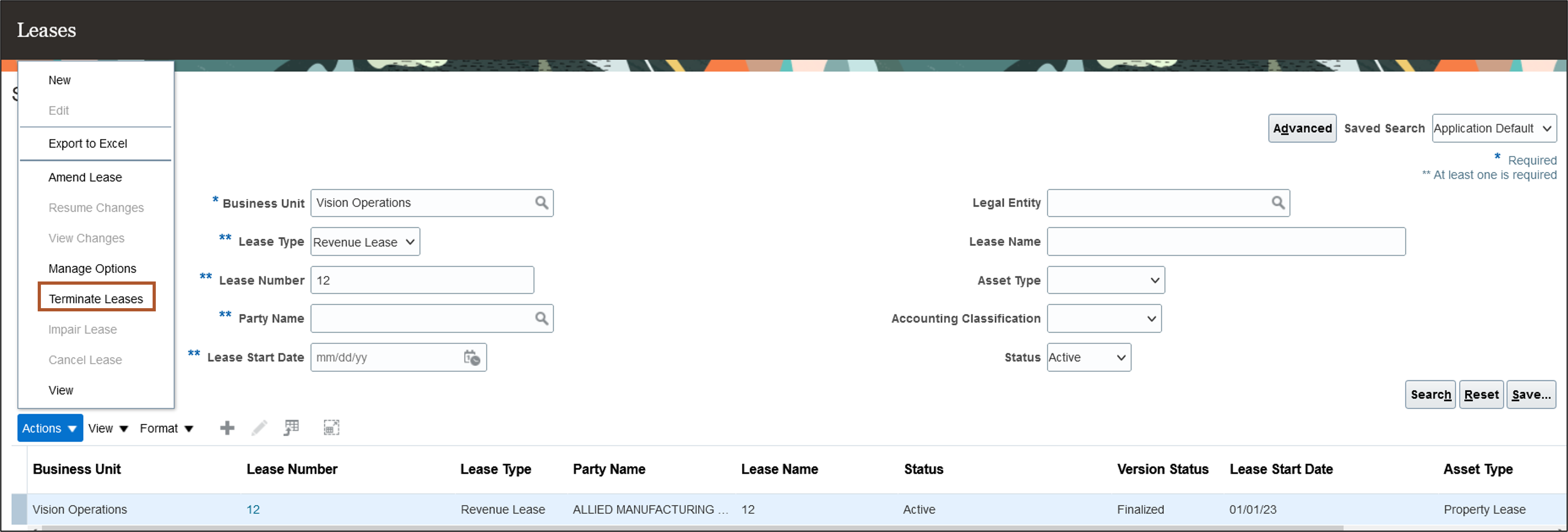 Terminate Leases available from Actions