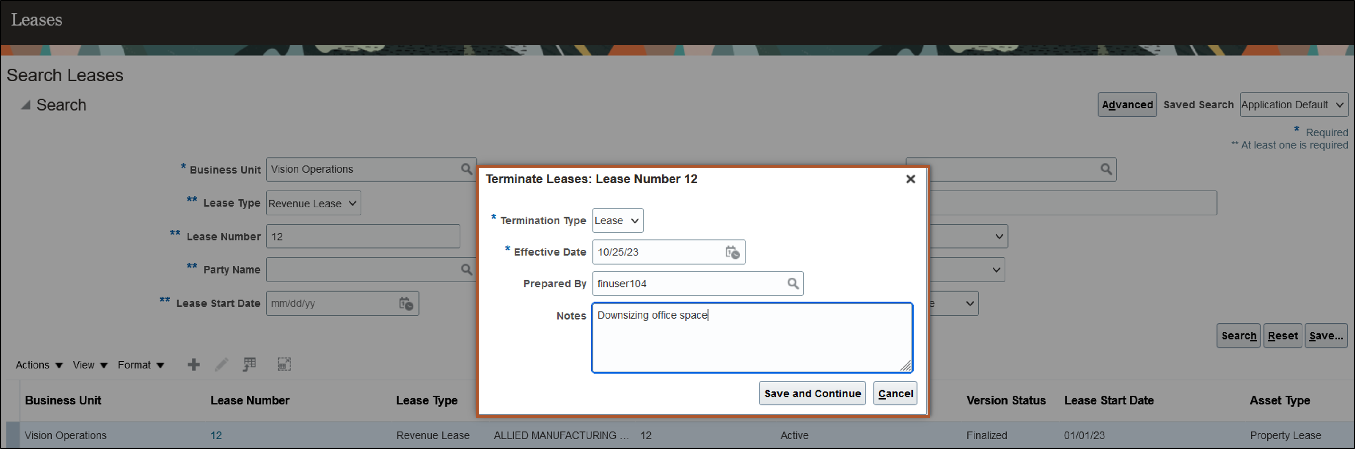 Create Lease Termination Page