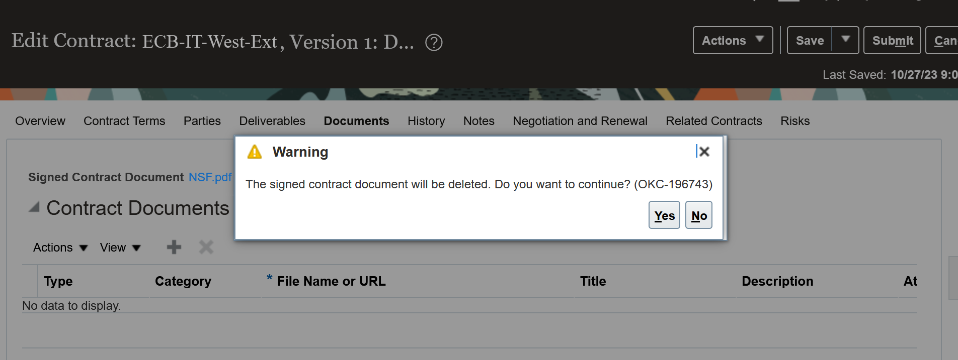 Warning when deleting a Signed Contract Document