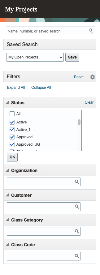 Organization, Customer, Class Category, and Class Code Search in My Projects