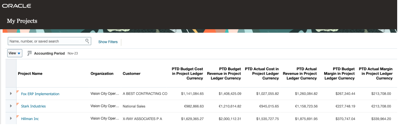 PTD Measures in Project Ledger Currency, Organization, and Customer in My Projects