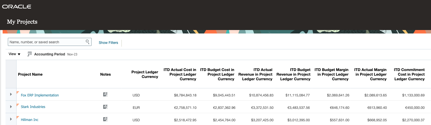 ITD Measures in Project Ledger Currency and Notes in My Project