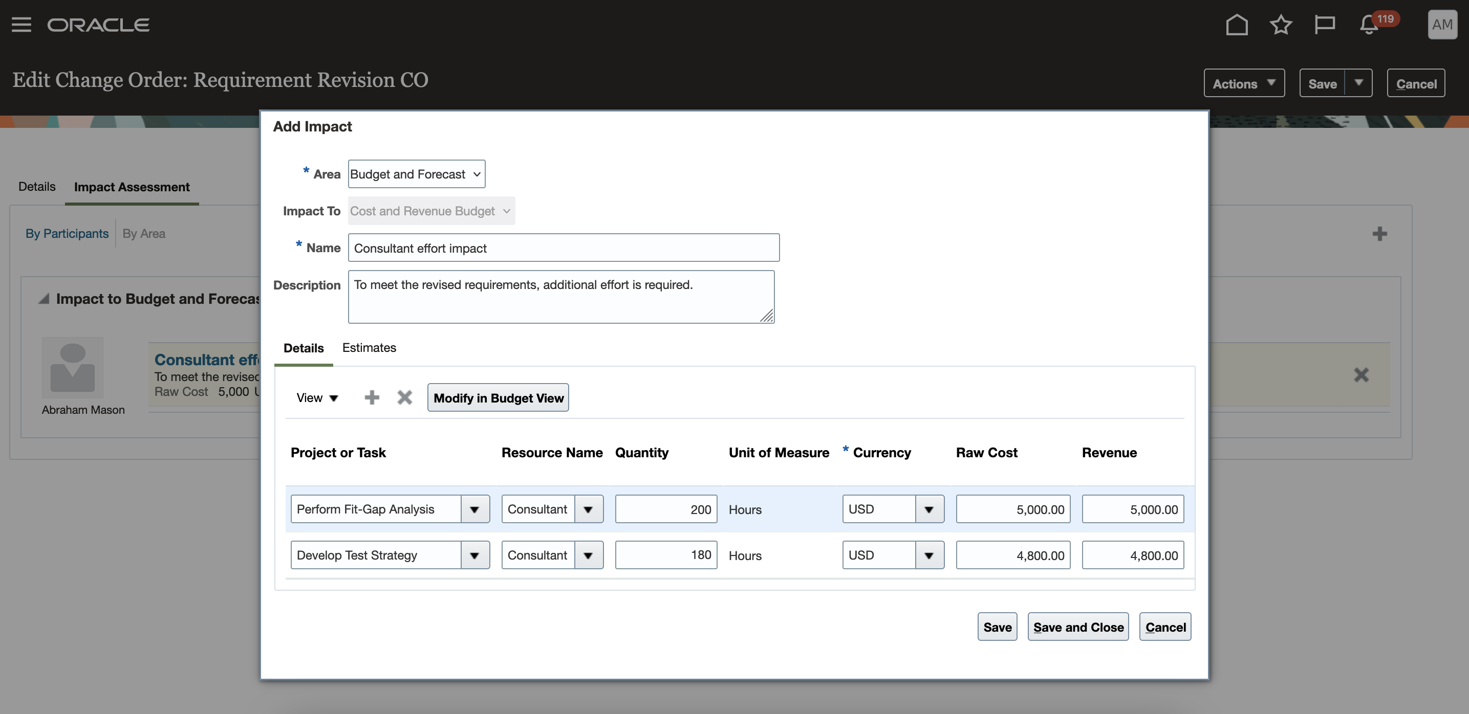 Screenshot of the popup where budget impact details of change order is entered