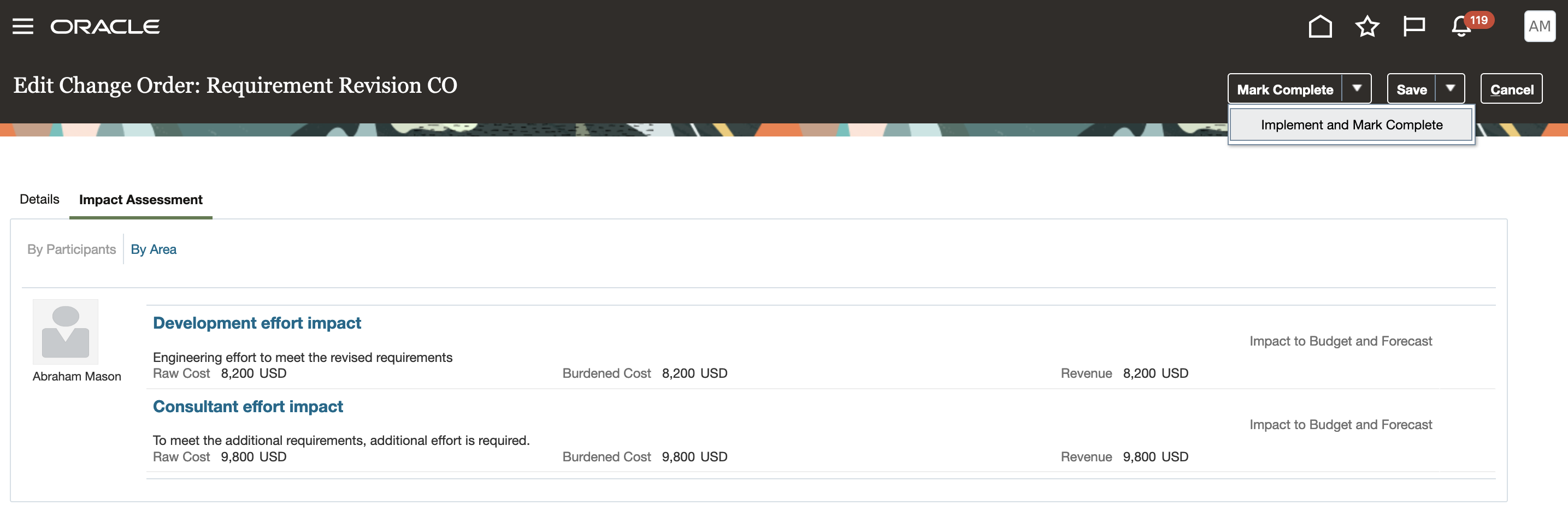 Screenshot where the action which user can use to create a baseline budget which includes the budget impacts of the change order