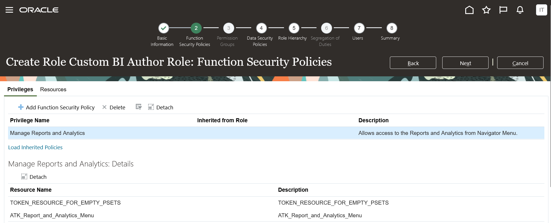 Create Role Custom BI Author Role: Function Security Policies page