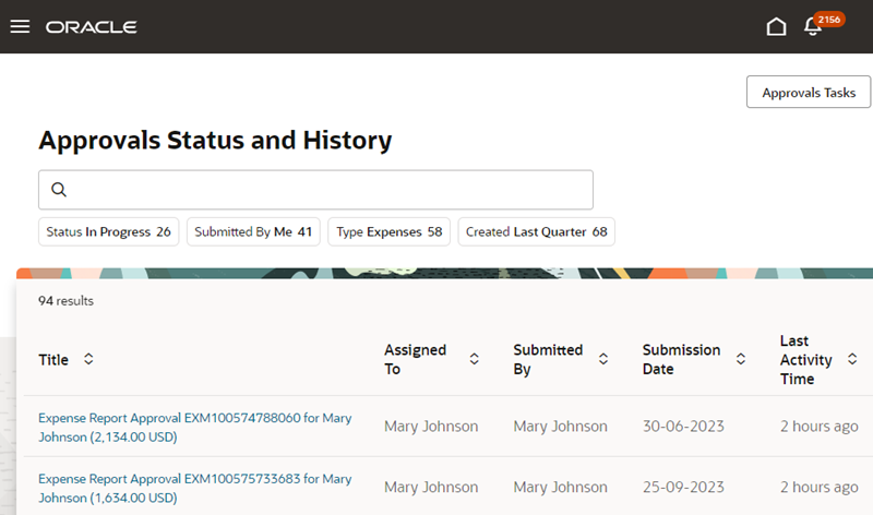 Approvals Status and History page in the Approvals work area