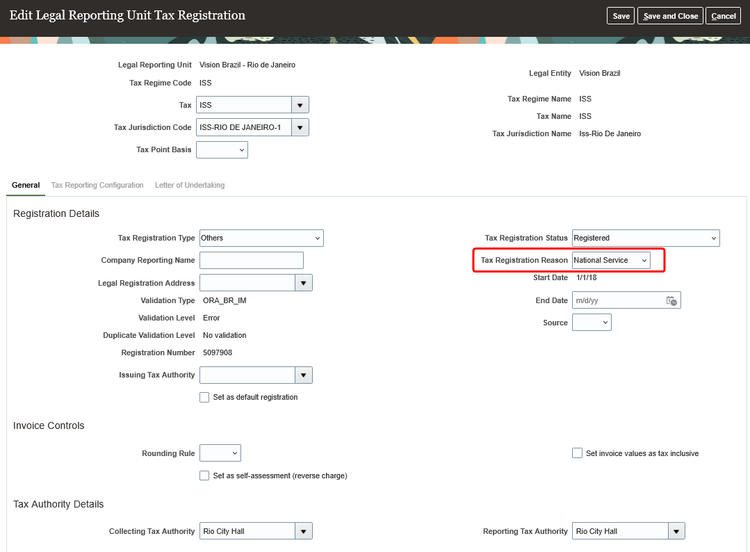 Manage Tax Registration - Legal Reporting Unit