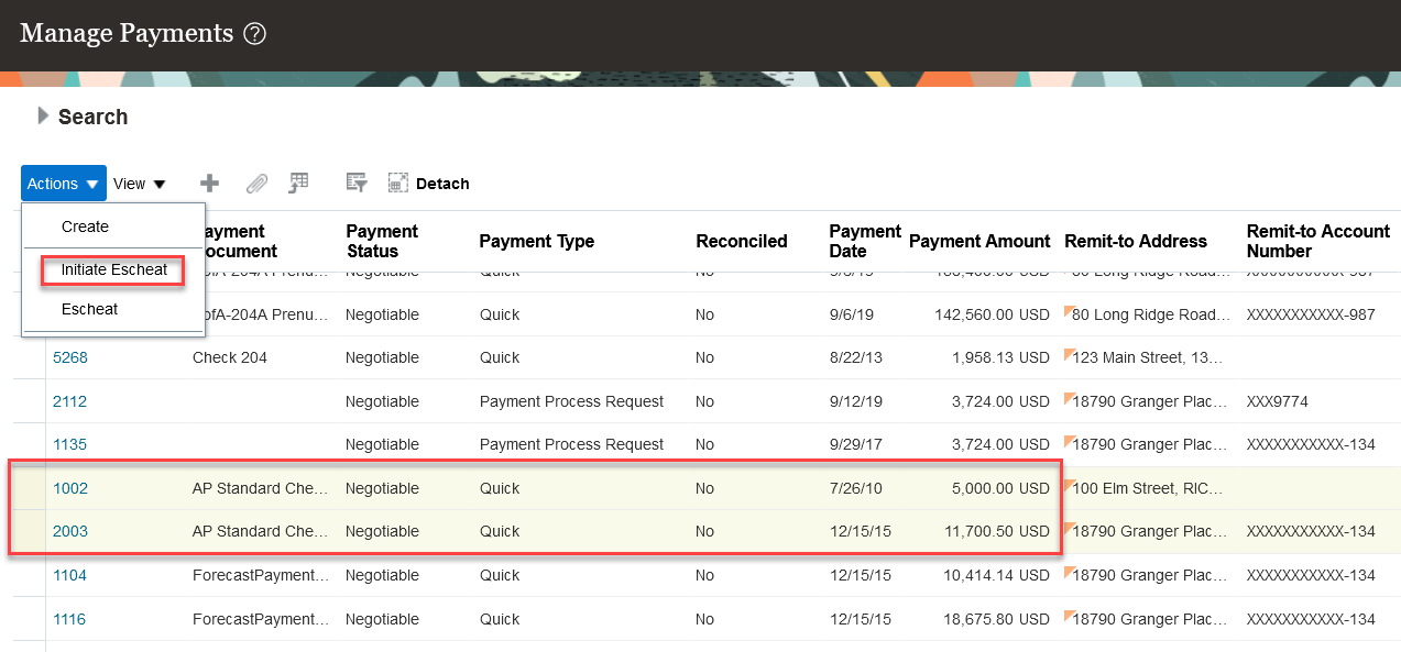 Initiate Escheatment from Manage Payments Page