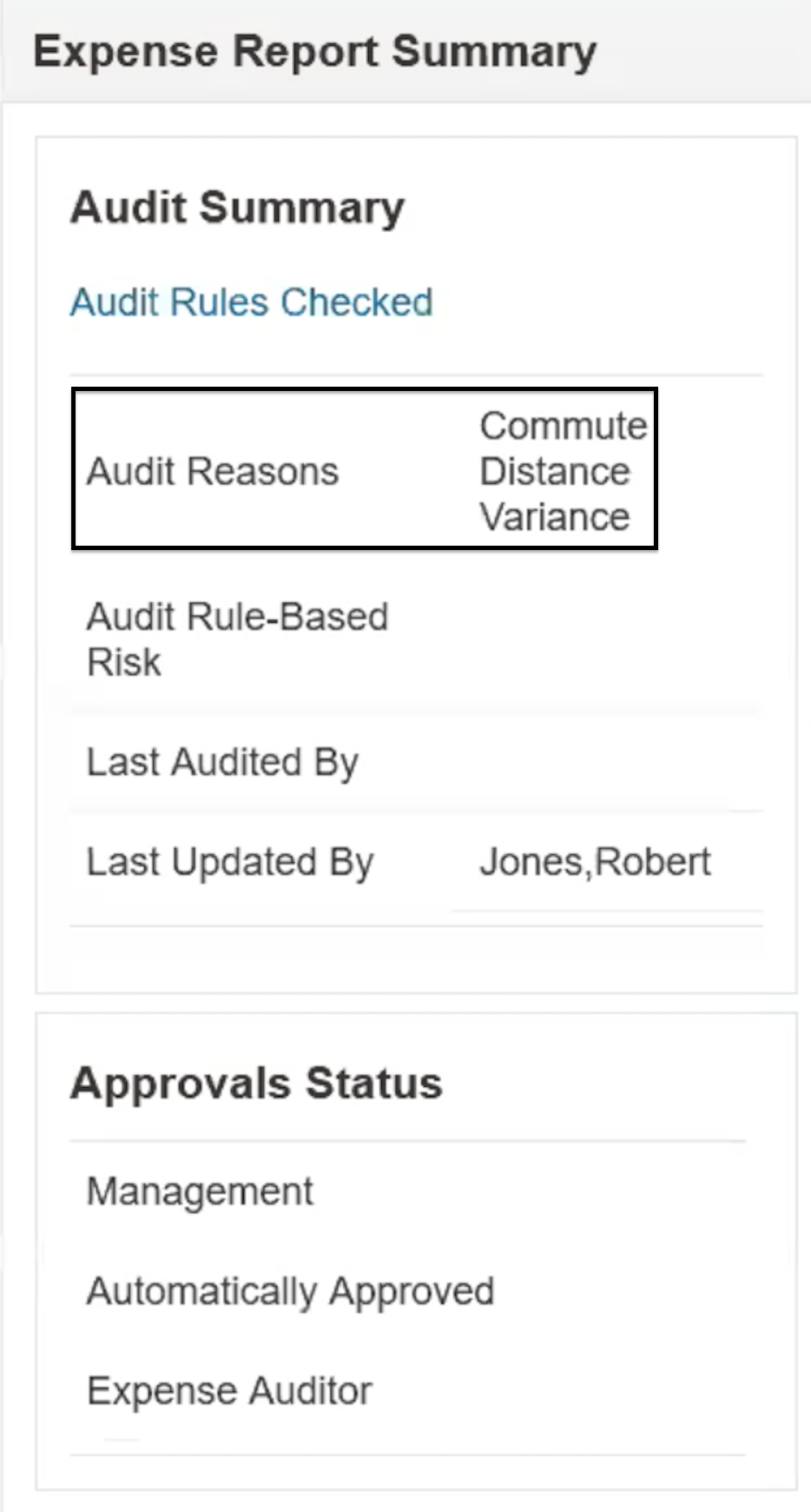 In the Expense Report Summary section, Auditors will se ‘Commute Distance Variance’  if an expense report violates the ‘Audit expense report with commute address variance’ audit rule is violated.