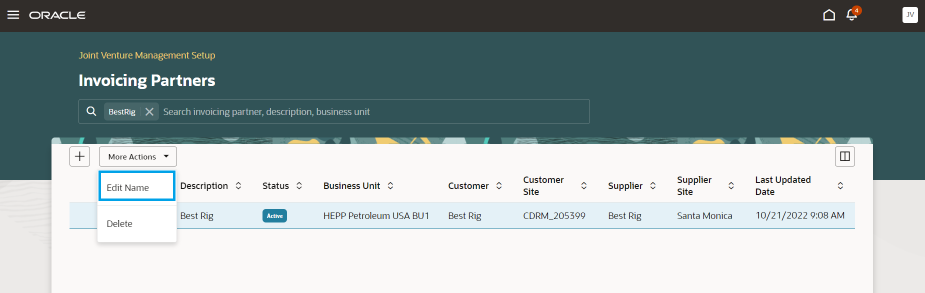 Invoicing Partners manage page showing the Edit Name action button.