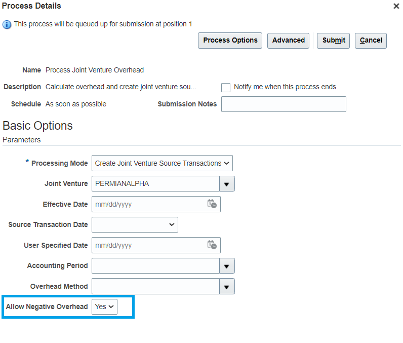The parameters for the job Process Joint Venture Overhead with empahsis on the new parameter Allow Negative Overhead.