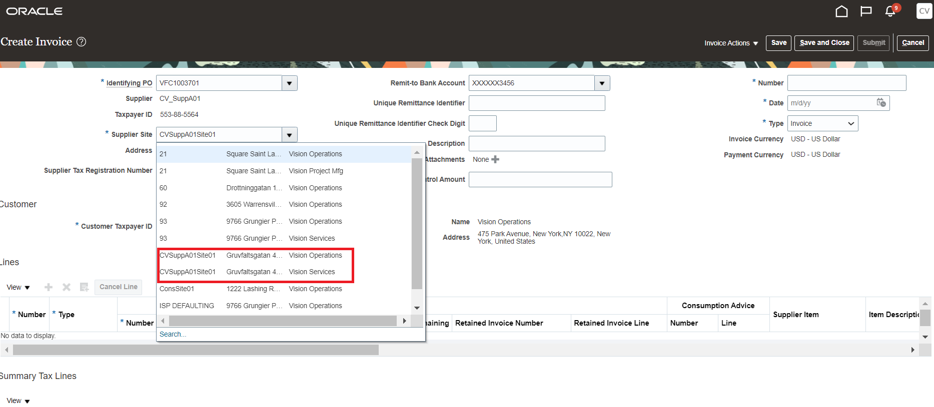 Supplier Site LOV in Supplier Portal before the change