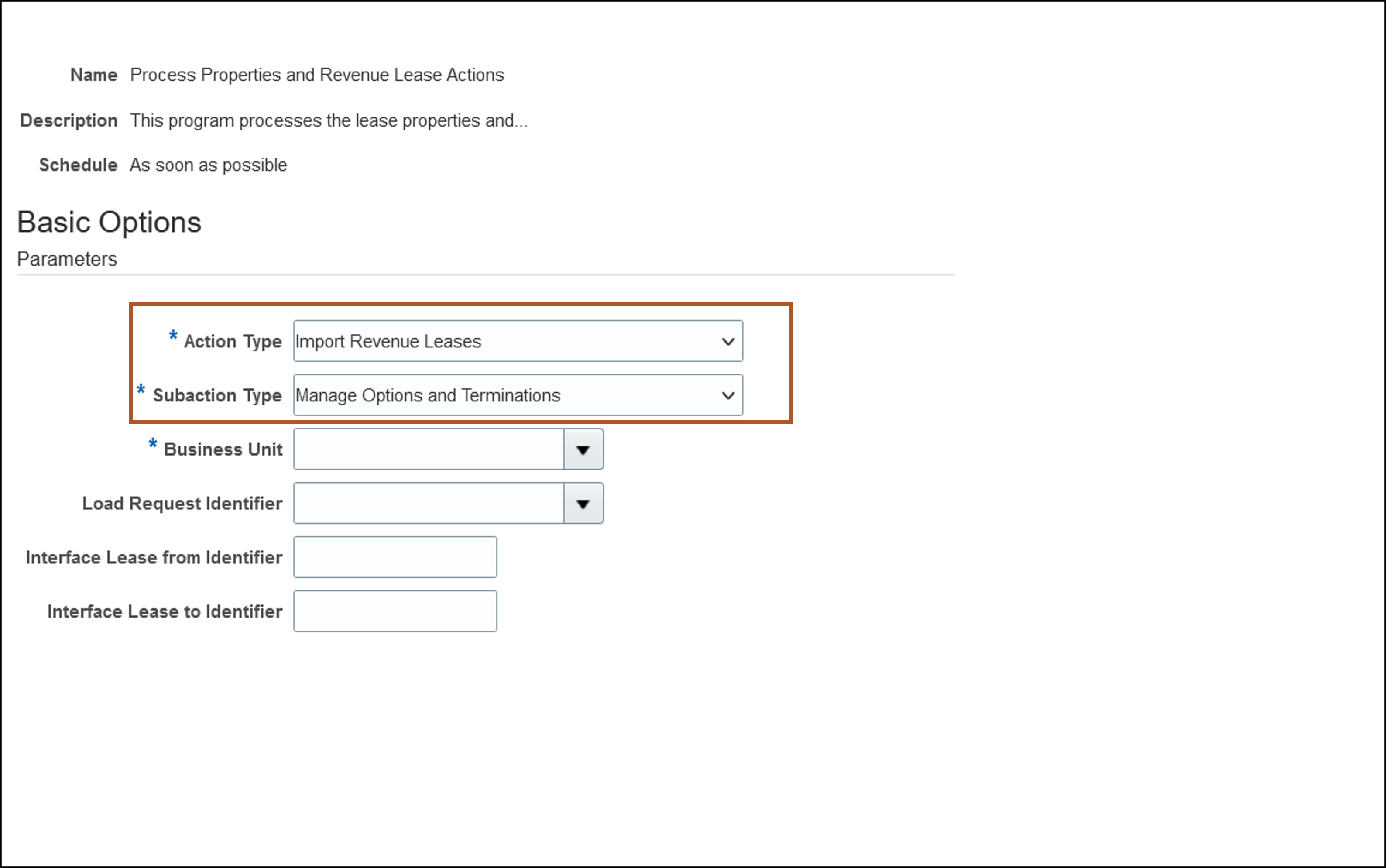 Revenue Lease Manage Options and Terminations Import