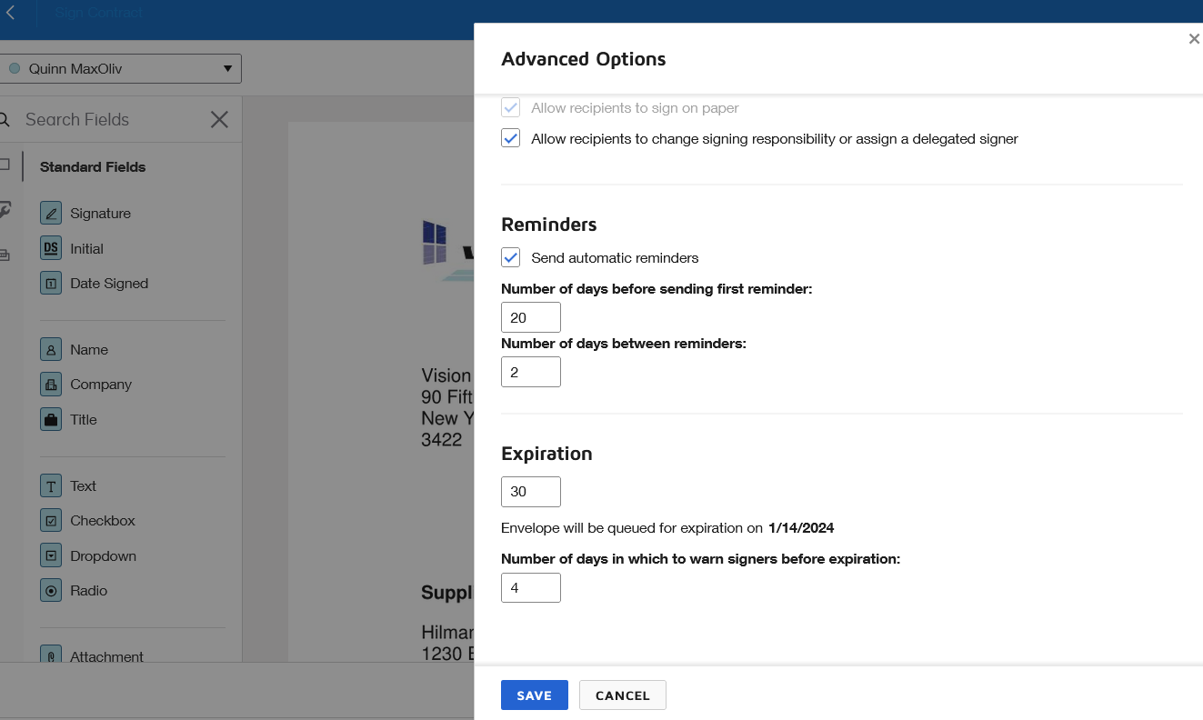 Contract Document Reminder and Expiration Settings