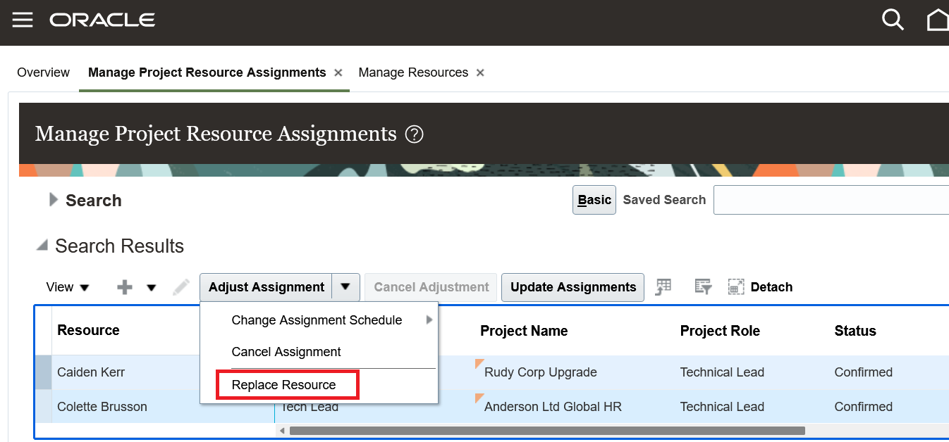 Resource manager replaces resource on one or more assignments