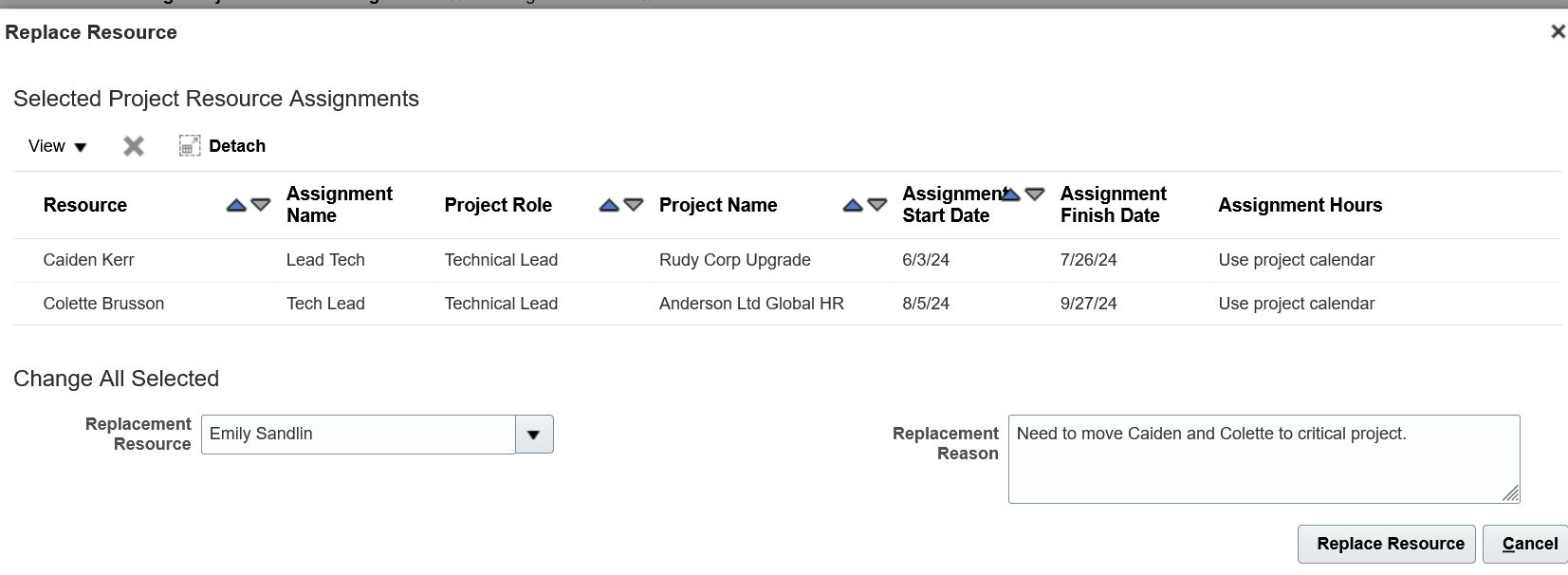 Resource manager replaces one or more resources with a replacement resource on project resource assignments