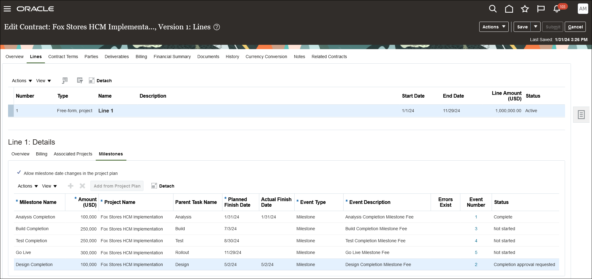 Current Status of Milestones Displayed in the Milestones Tab on the Contract Line