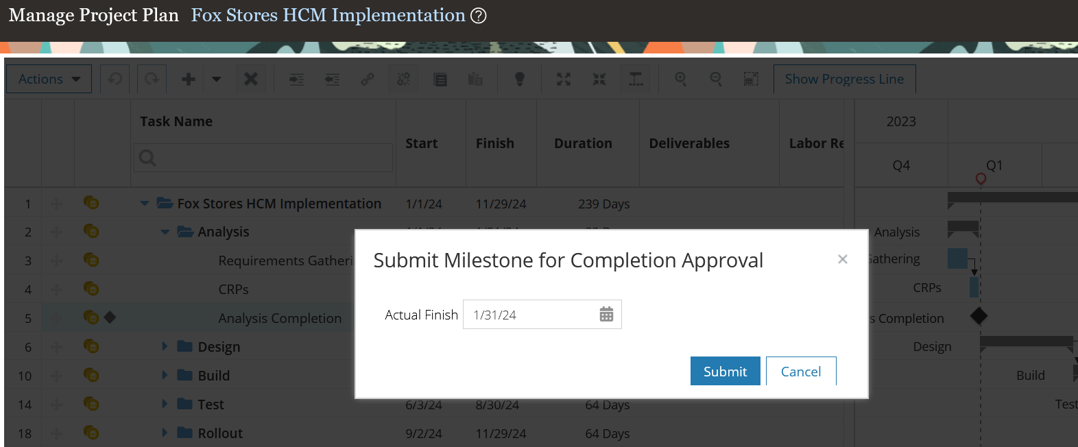 Initiate Milestone Completion Approval from the Manage Project Plan Page