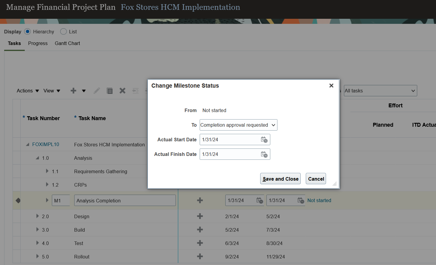 Initiate Milestone Completion Approval from the Manage Financial Project Plan Page