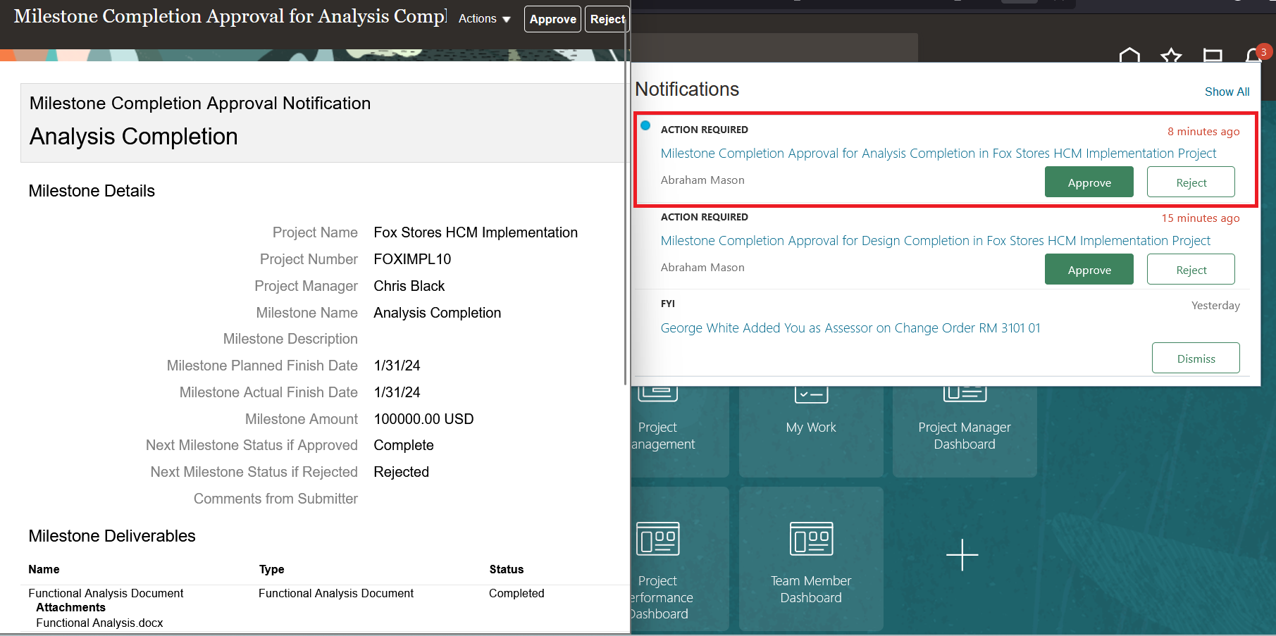 Review Milestone Details and Approve from the Milestone Completion Approval Notification