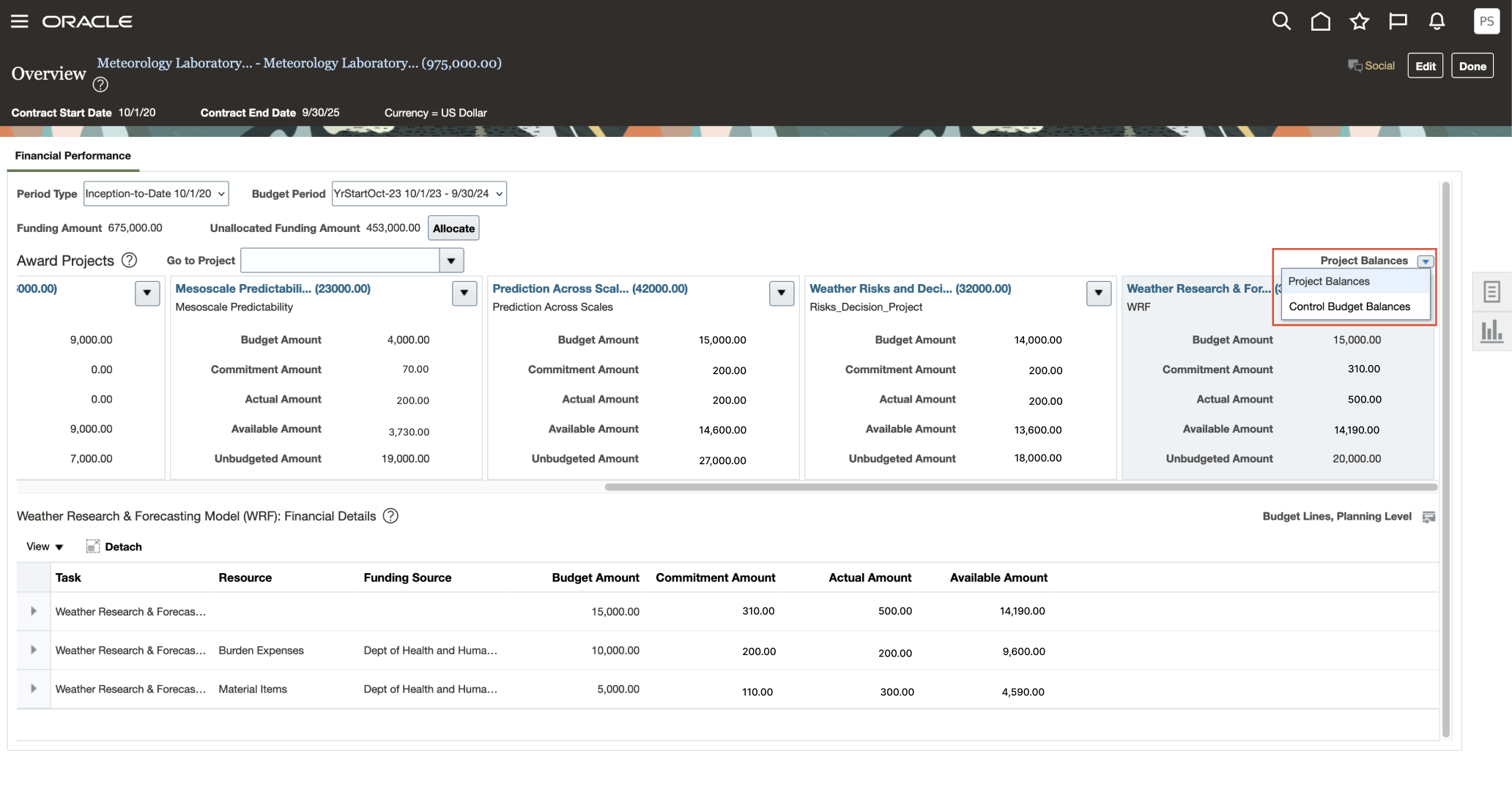 View by Project Balances or Control Budget Balances in Award Overview