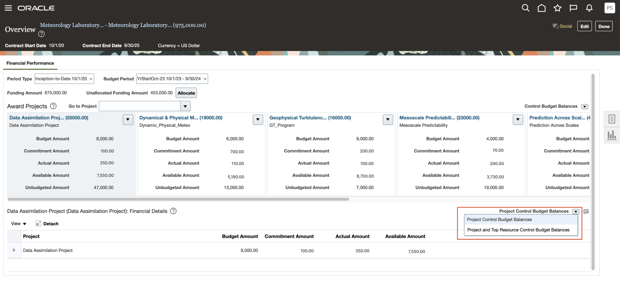 View Project Control Budget Balances and Top Resource Control Budget Balances in Award Overview