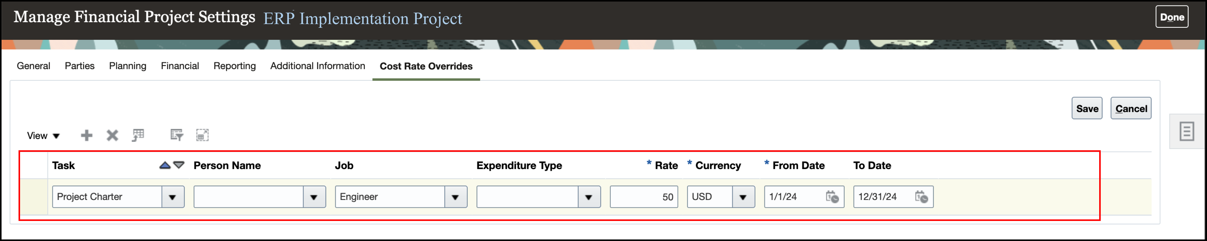 Cost Rate Override created based on the REST API call above.