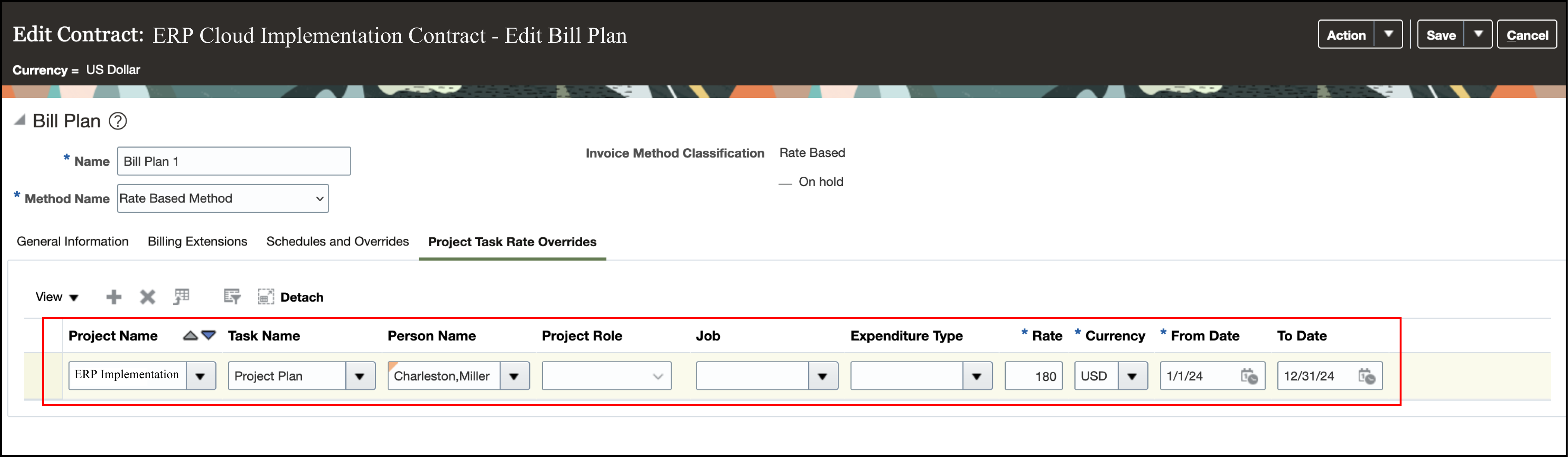 Project and Task Rate override created based on the REST API call above