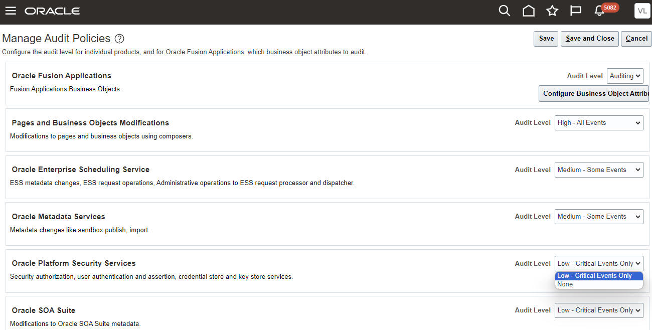Manage Audit Policies page
