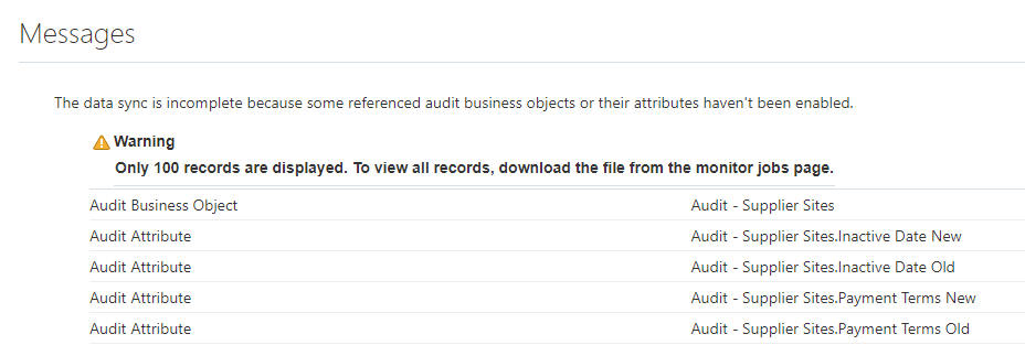 Transaction Data Sync Job Warning Message Details Regarding Audit