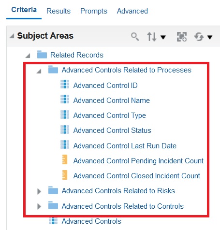 Example of the three new dimensions within Risk Management Cloud - Compliance Real Time subject area > Related Records