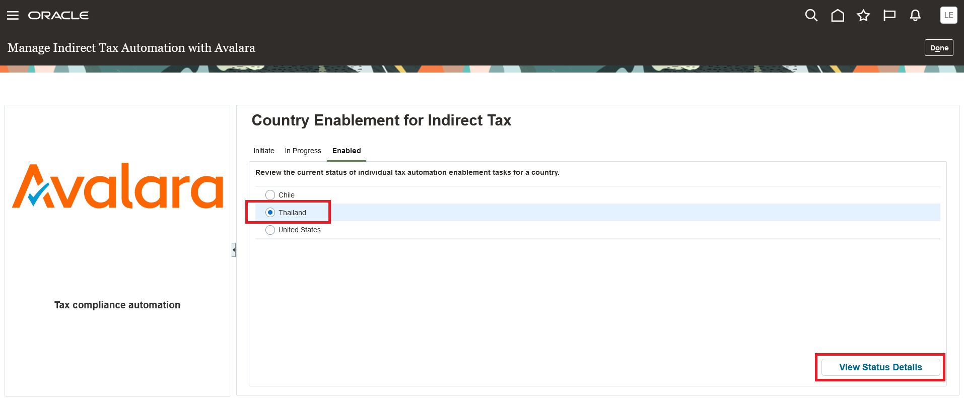 Manage Indirect Tax Automation with Avalara page, Enabled tab
