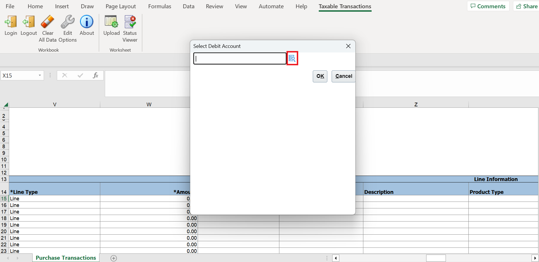 Create taxable transactions spreadsheet accounts list of values search