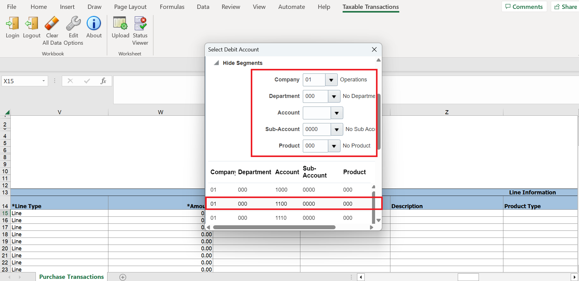 Create taxable transactions spreadsheet accounts list of values search results