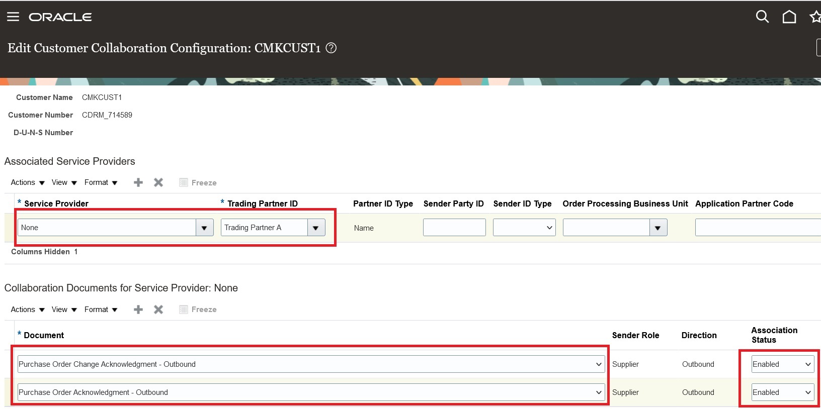 Screen capture for Associate Customers with Trading Partners.