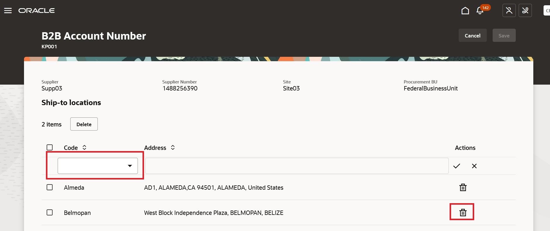 Screen capture that shows the Edit B2B Account Number Information screen.