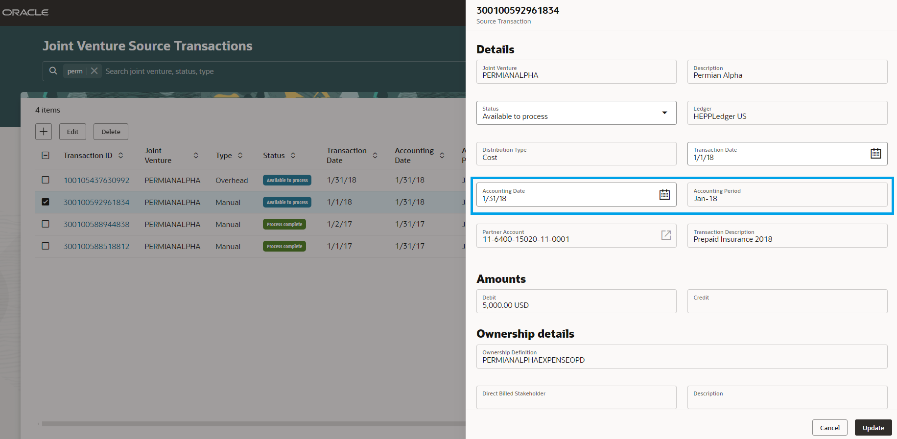 Accounting date and accounting period for a manual joint venture source transaction.