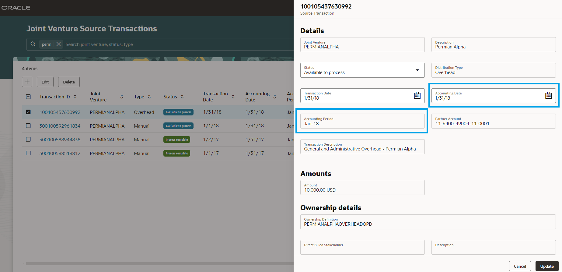 Accounting date and accounting period for an overhead source transaction.