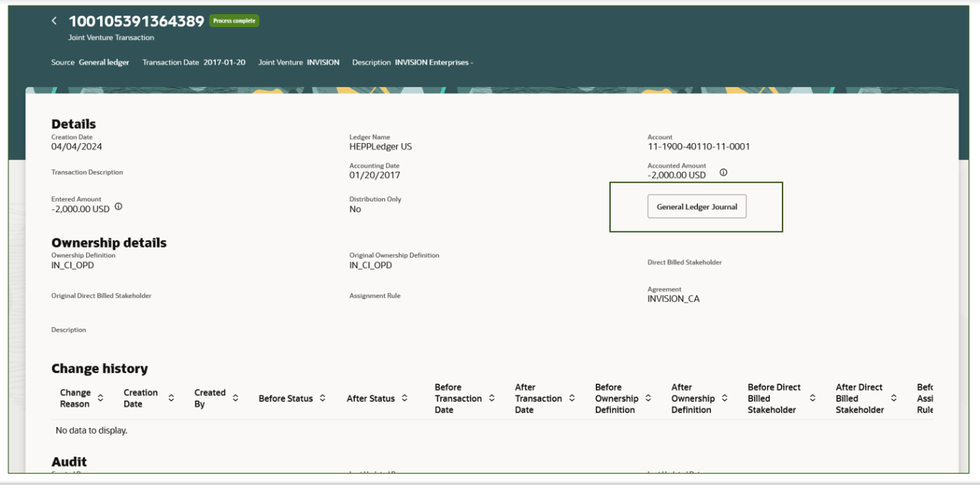 View transaction details in the Joint Venture Transactions work area