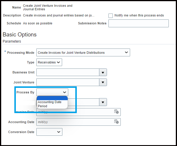 Process options for the Create Joint Venture Invoices and Journal Entries job